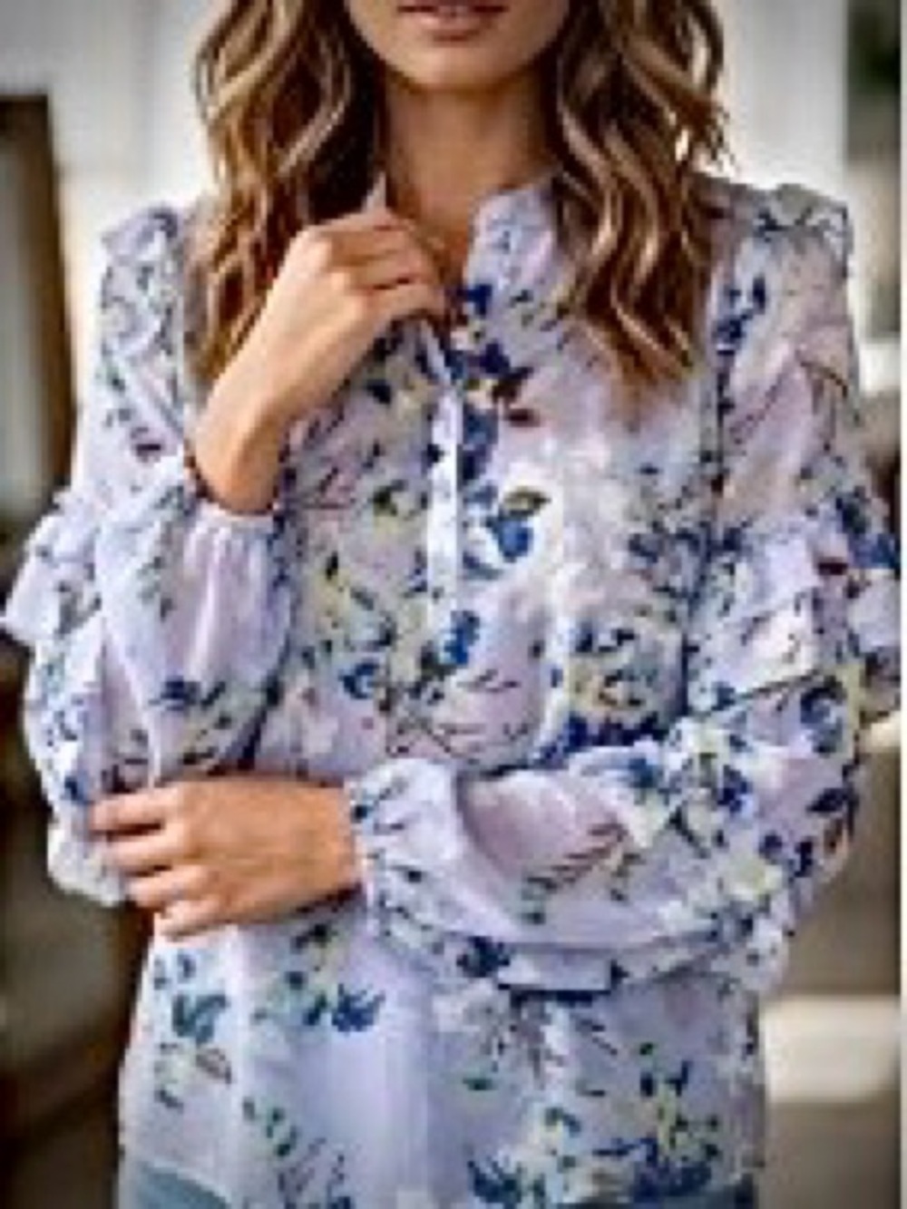 MISA Los Angeles Periwinkle Blue Floral Ruffle Sleeve Semi-Sheer Blouse Sz Small